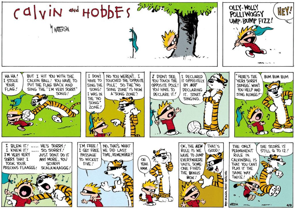 Comic strip of Calvin and Hobbes engaging in a playful argument about singing and game rules, featuring humor and imaginative dialogue.